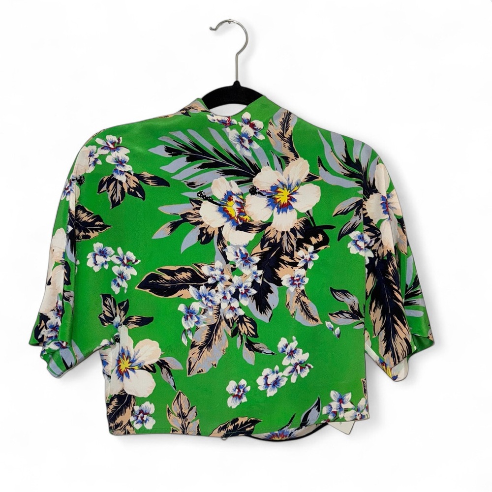 Diane von furstenberg green floral print silk crop cropped shirt top blouse S